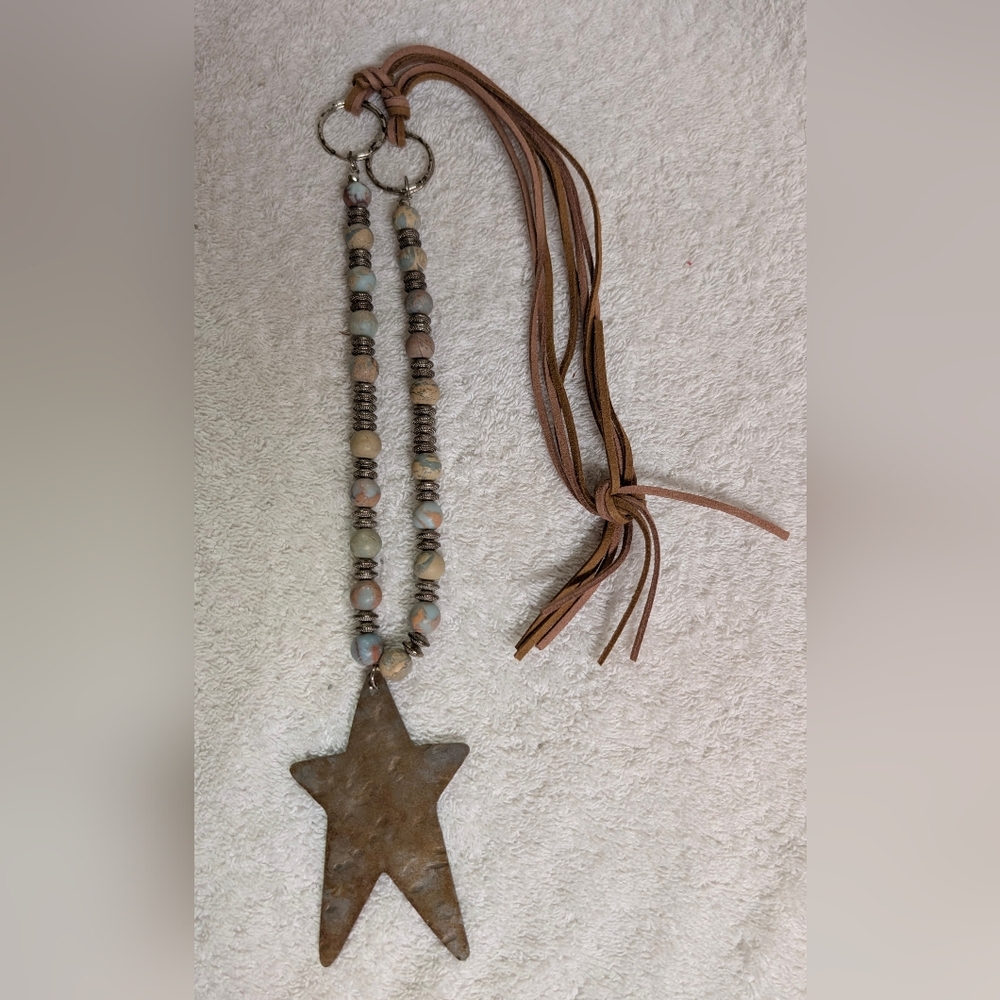 *Leather, Metal Star & Beads 17" Drop Necklace - Use Essential Oils NWT